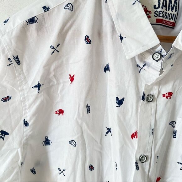 Jam Session White BBQ Themed Pattern Short Sleeve‎ Button Down Shirt - Picture 6 of 7